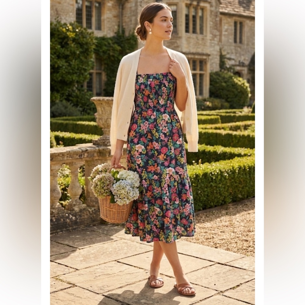J Crew Floral Smocked Tiered Sleeveless A-Line Midi Dress Boho Navy Pink Size S